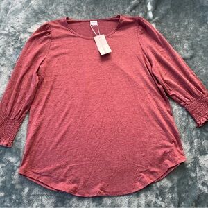Women's Dusty Rose Long Sleeve Scoop Neck Top With Smocked Sleeves